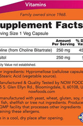 NOW Foods Supplement Facts for Choline & Inositol 500 mg capsules listing ingredients and serving size.